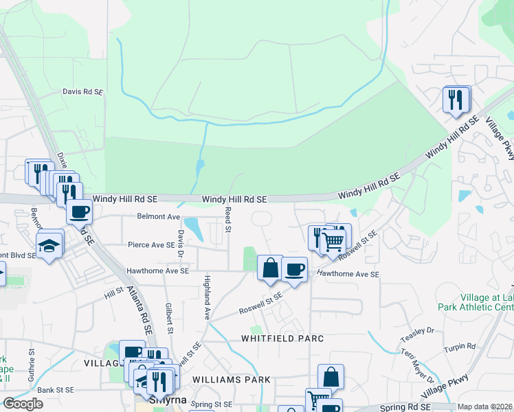 map of restaurants, bars, coffee shops, grocery stores, and more near 4026 Hawthorne Circle in Smyrna