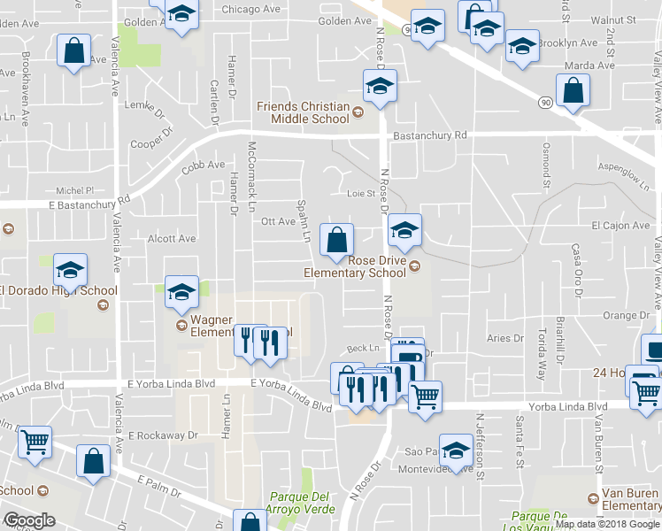 map of restaurants, bars, coffee shops, grocery stores, and more near 4601 Jeanean Lane in Yorba Linda