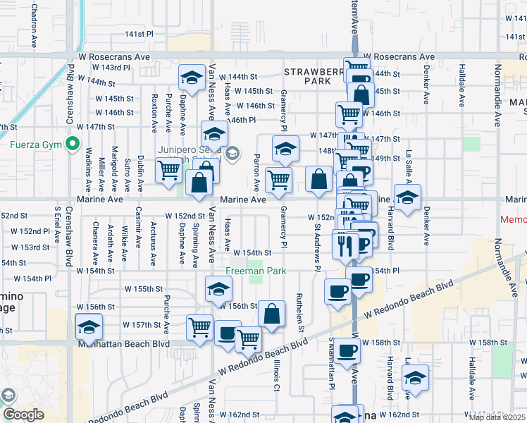 map of restaurants, bars, coffee shops, grocery stores, and more near 2015 West 152nd Street in Gardena