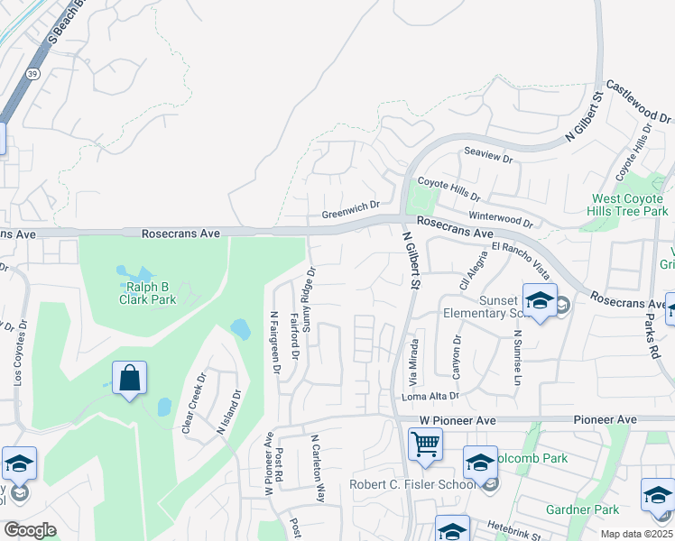 map of restaurants, bars, coffee shops, grocery stores, and more near 2548 Crown Way in Fullerton