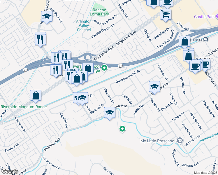 map of restaurants, bars, coffee shops, grocery stores, and more near 3590 Gettysburg Drive in Riverside