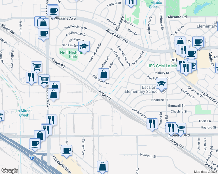 map of restaurants, bars, coffee shops, grocery stores, and more near 14845 Figueras Road in La Mirada