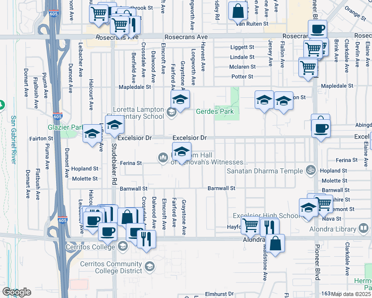 map of restaurants, bars, coffee shops, grocery stores, and more near 15025 Graystone Avenue in Norwalk