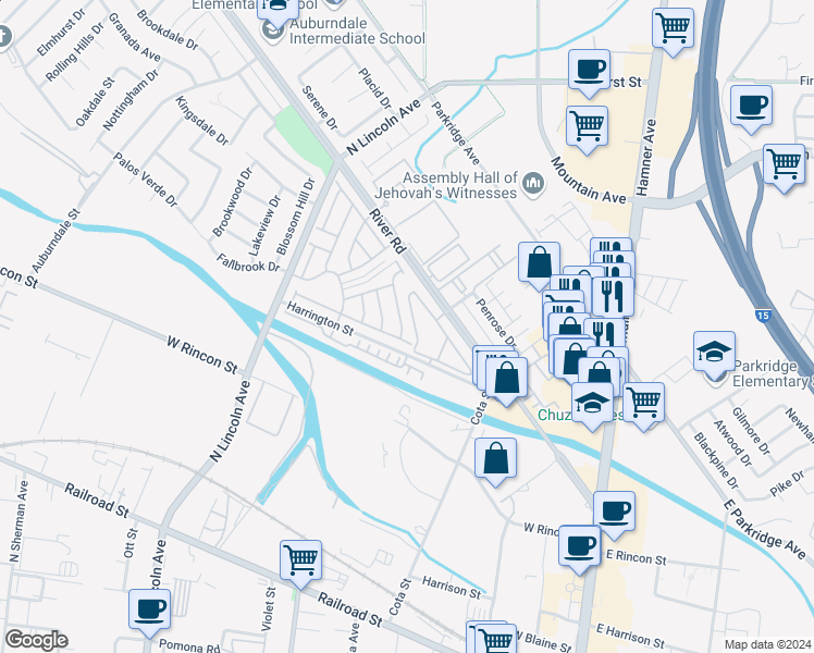 map of restaurants, bars, coffee shops, grocery stores, and more near 823 Pathfinder Way in Corona