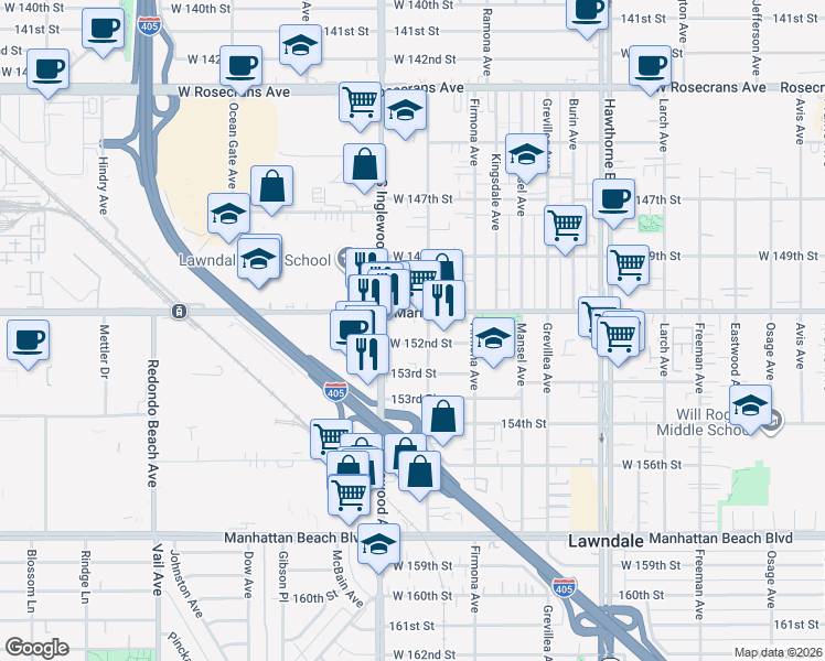 map of restaurants, bars, coffee shops, grocery stores, and more near 4715 West 152nd Street in Lawndale