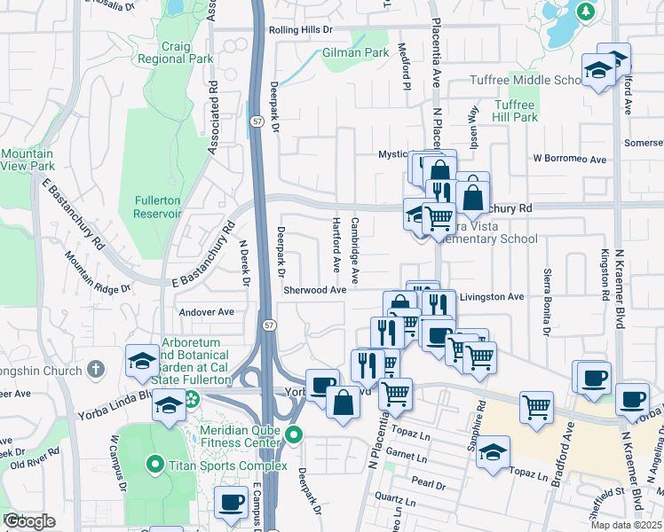 map of restaurants, bars, coffee shops, grocery stores, and more near 2225 Hartford Avenue in Fullerton