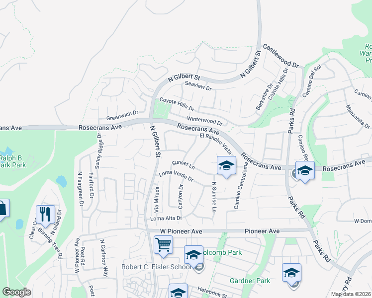 map of restaurants, bars, coffee shops, grocery stores, and more near 2001 Calle Alegria in Fullerton