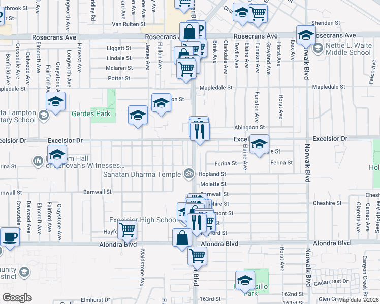 map of restaurants, bars, coffee shops, grocery stores, and more near 15035 Pioneer Boulevard in Norwalk