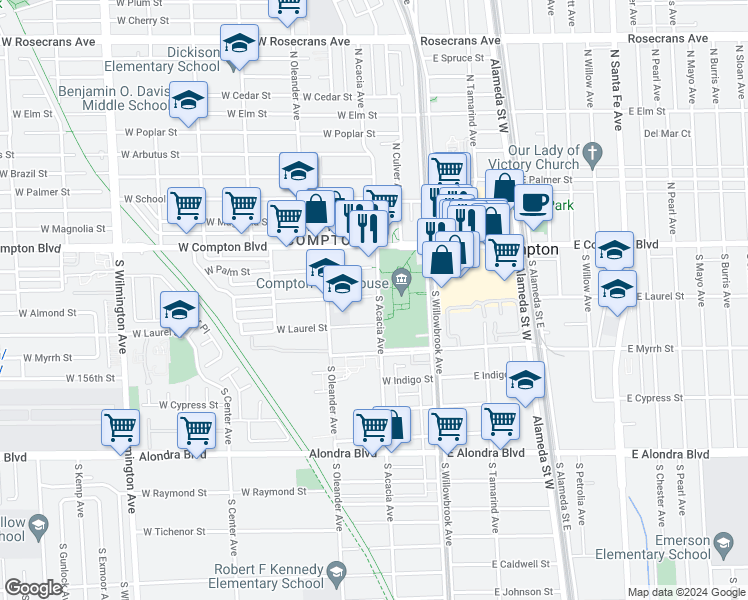 map of restaurants, bars, coffee shops, grocery stores, and more near 301 South Acacia Avenue in Compton