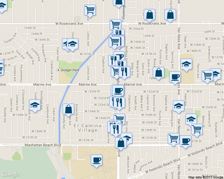 map of restaurants, bars, coffee shops, grocery stores, and more near 15121 South Eriel Avenue in Gardena