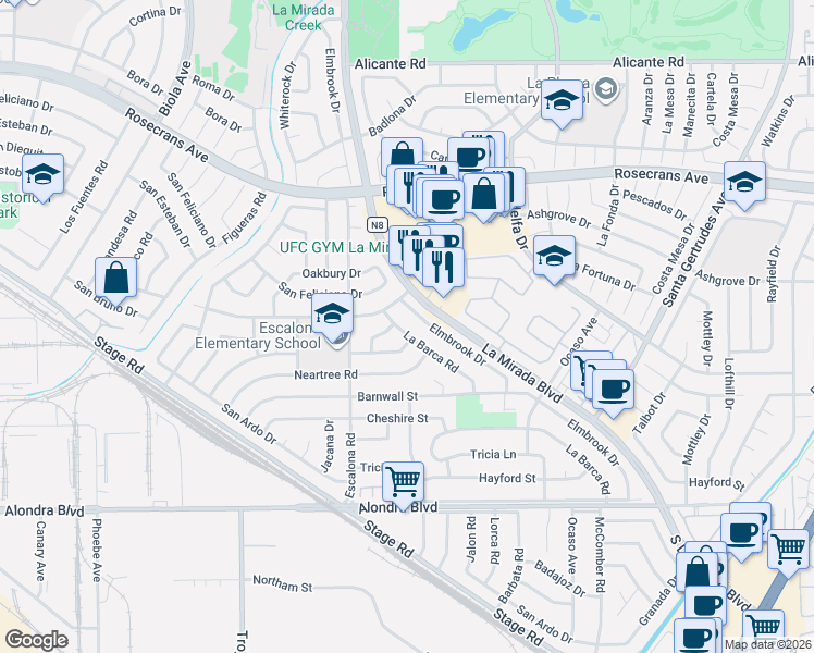 map of restaurants, bars, coffee shops, grocery stores, and more near 15132 La Barca Drive in La Mirada