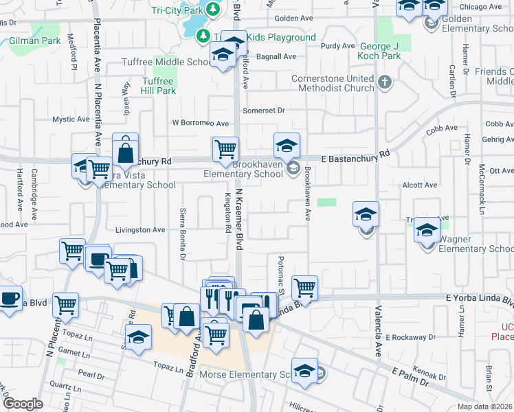 map of restaurants, bars, coffee shops, grocery stores, and more near 1713 Pecos River in Placentia