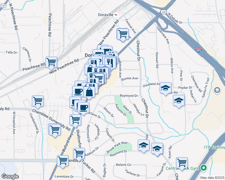 map of restaurants, bars, coffee shops, grocery stores, and more near 3511 Strait Street in Doraville