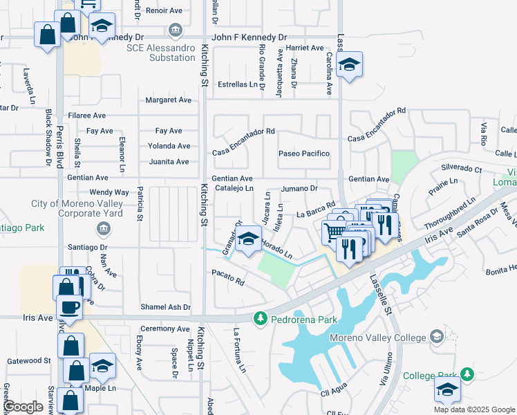 map of restaurants, bars, coffee shops, grocery stores, and more near 15576 Guajome Road in Moreno Valley