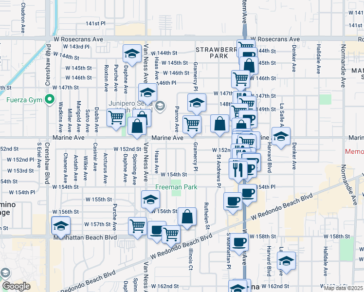 map of restaurants, bars, coffee shops, grocery stores, and more near 2015 West 152nd Street in Gardena