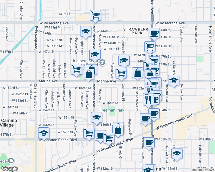 map of restaurants, bars, coffee shops, grocery stores, and more near 2043 West 152nd Street in Gardena