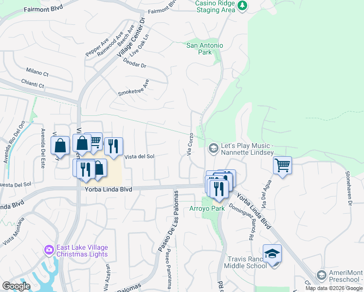 map of restaurants, bars, coffee shops, grocery stores, and more near 4760 Vía Amante in Yorba Linda