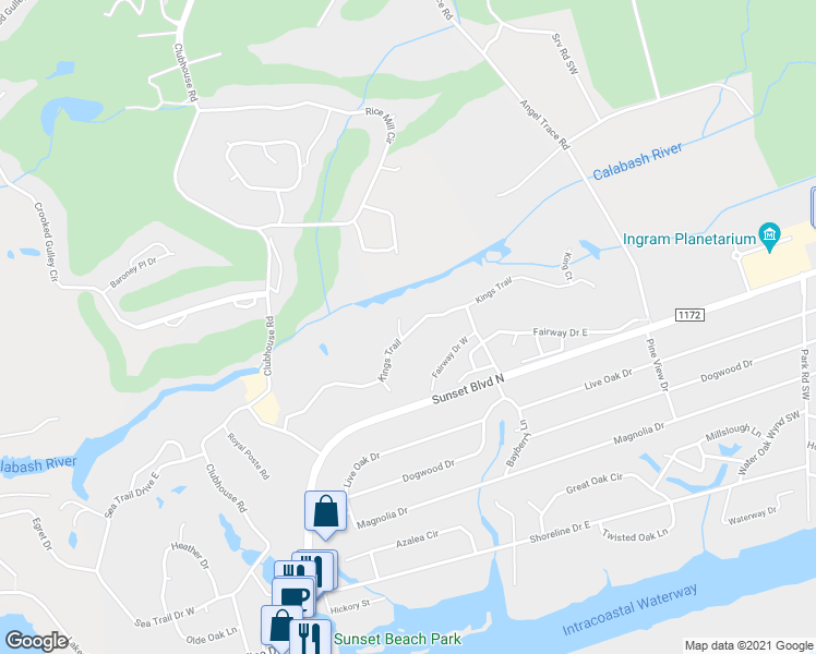 map of restaurants, bars, coffee shops, grocery stores, and more near 598 Coach Trail in Sunset Beach