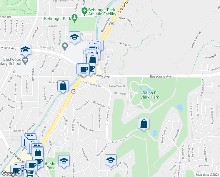 map of restaurants, bars, coffee shops, grocery stores, and more near 8629 Buena Tierra Place in Buena Park