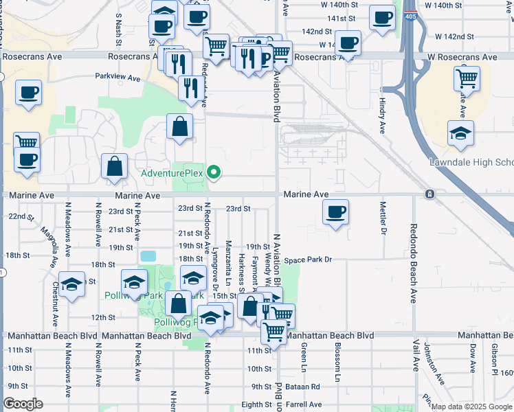 map of restaurants, bars, coffee shops, grocery stores, and more near 1817 23rd Street in Manhattan Beach