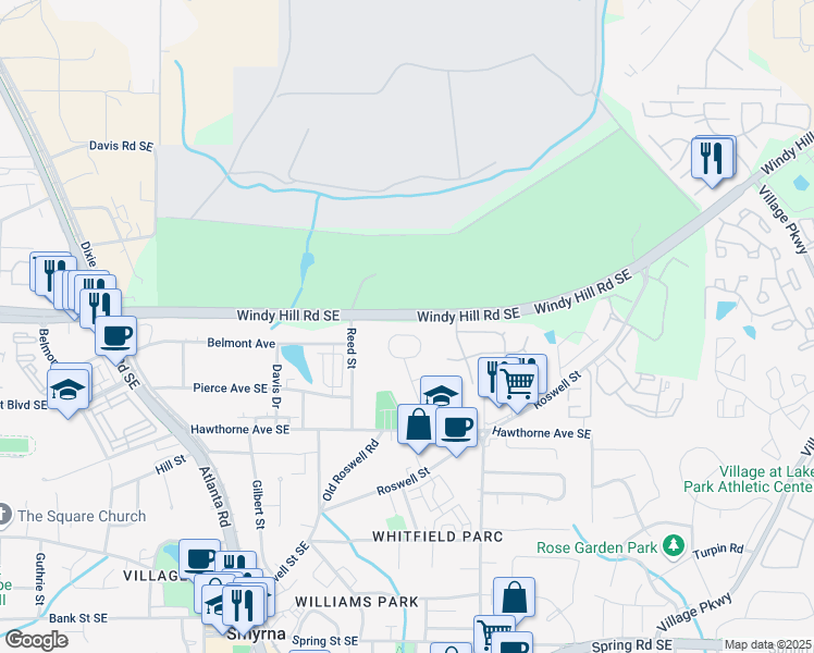 map of restaurants, bars, coffee shops, grocery stores, and more near 4026 Hawthorne Circle in Smyrna