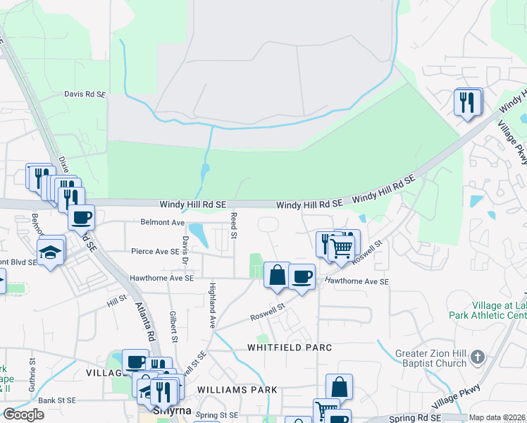 map of restaurants, bars, coffee shops, grocery stores, and more near 4030 Hawthorne Circle in Smyrna