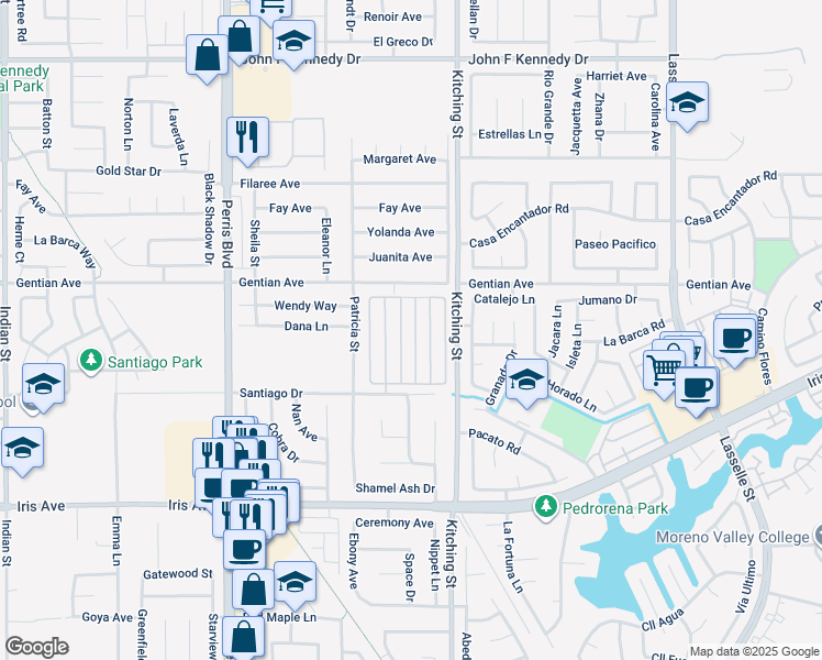 map of restaurants, bars, coffee shops, grocery stores, and more near 25350 Santiago Drive in Moreno Valley