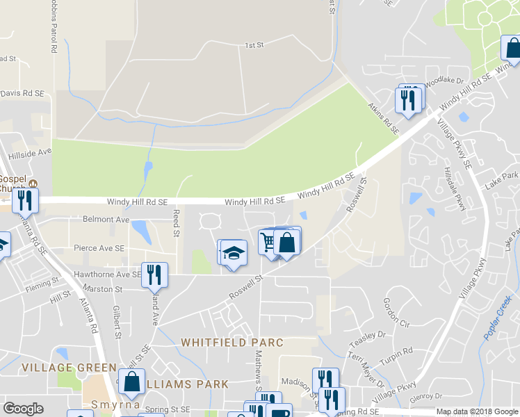 map of restaurants, bars, coffee shops, grocery stores, and more near 2811 Priestcliff Drive Southeast in Smyrna