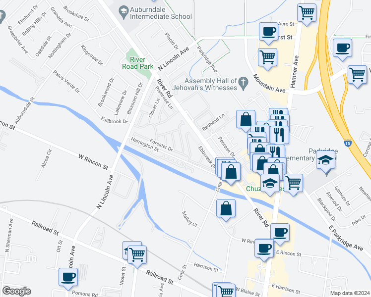 map of restaurants, bars, coffee shops, grocery stores, and more near 823 Pathfinder Way in Corona