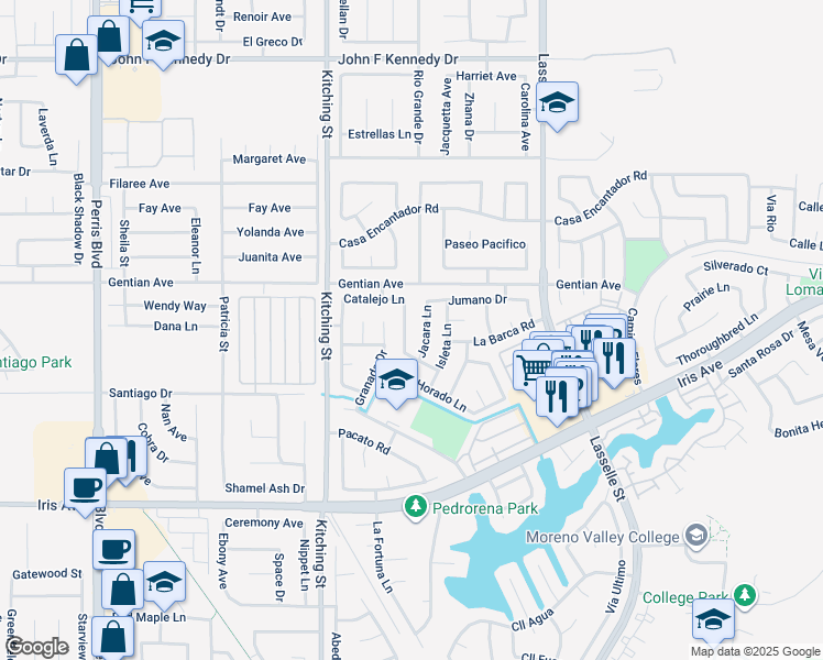map of restaurants, bars, coffee shops, grocery stores, and more near 15576 Guajome Road in Moreno Valley