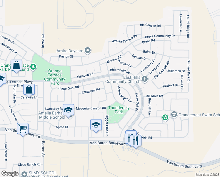map of restaurants, bars, coffee shops, grocery stores, and more near 8737 Sandhill Drive in Riverside