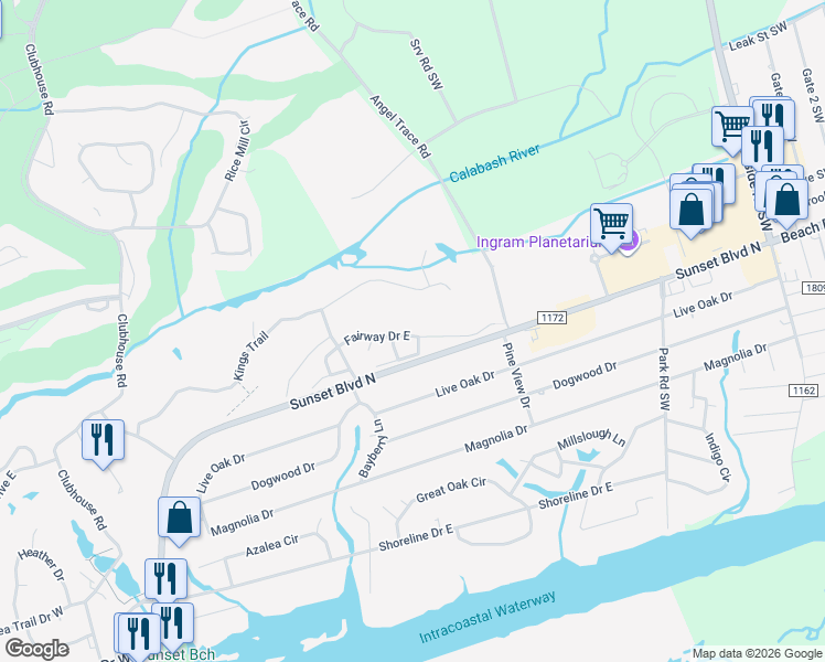 map of restaurants, bars, coffee shops, grocery stores, and more near 705 Fairway Drive East in Sunset Beach
