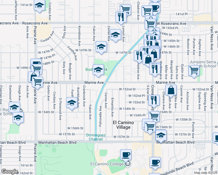map of restaurants, bars, coffee shops, grocery stores, and more near 3367 West 152nd Street in Gardena