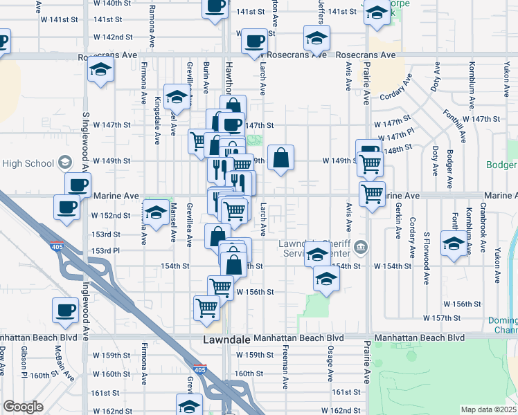 map of restaurants, bars, coffee shops, grocery stores, and more near 62 Larch Avenue in Lawndale