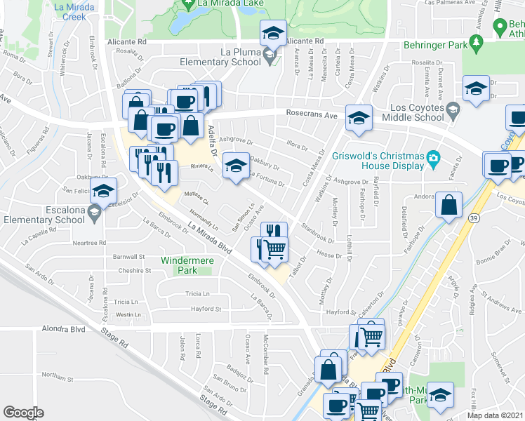 map of restaurants, bars, coffee shops, grocery stores, and more near 15044 Ocaso Avenue in La Mirada