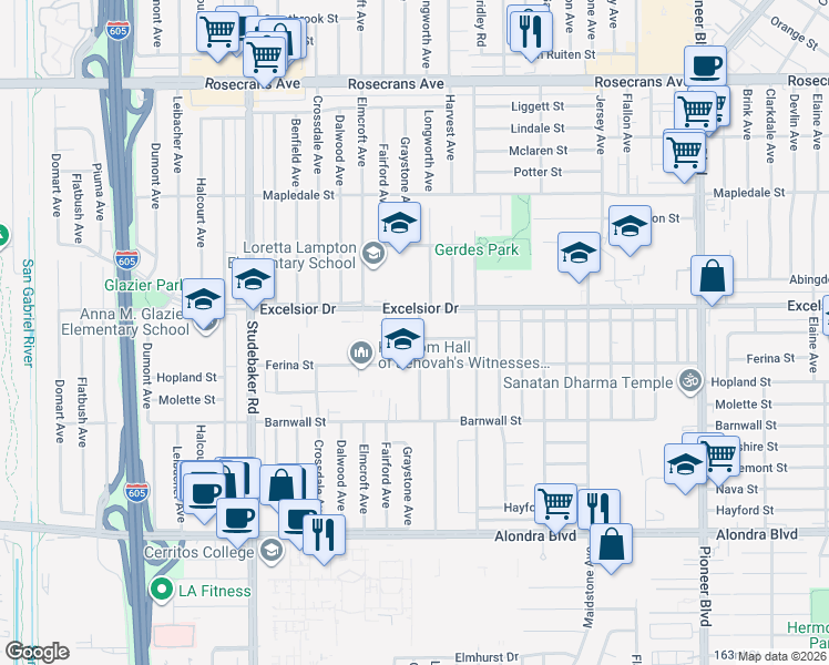 map of restaurants, bars, coffee shops, grocery stores, and more near 15025 Graystone Avenue in Norwalk