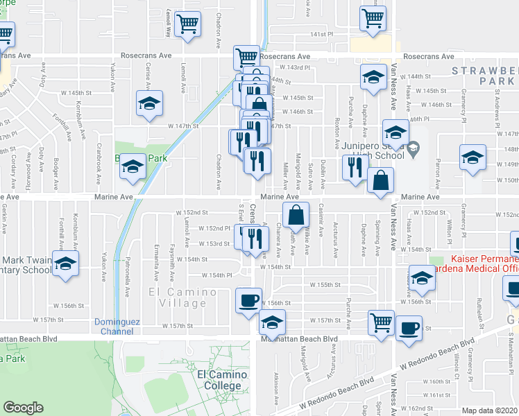 map of restaurants, bars, coffee shops, grocery stores, and more near 15118 Crenshaw Boulevard in Gardena