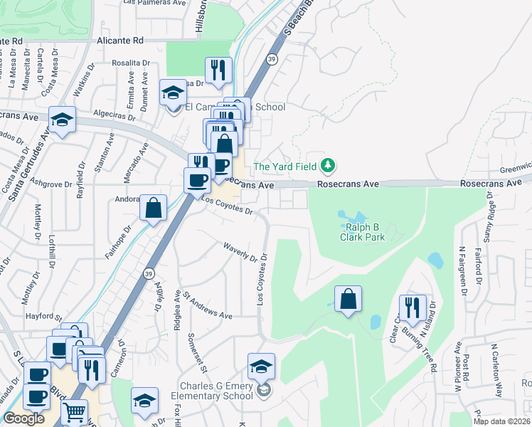 map of restaurants, bars, coffee shops, grocery stores, and more near 8629 Buena Tierra Place in Buena Park