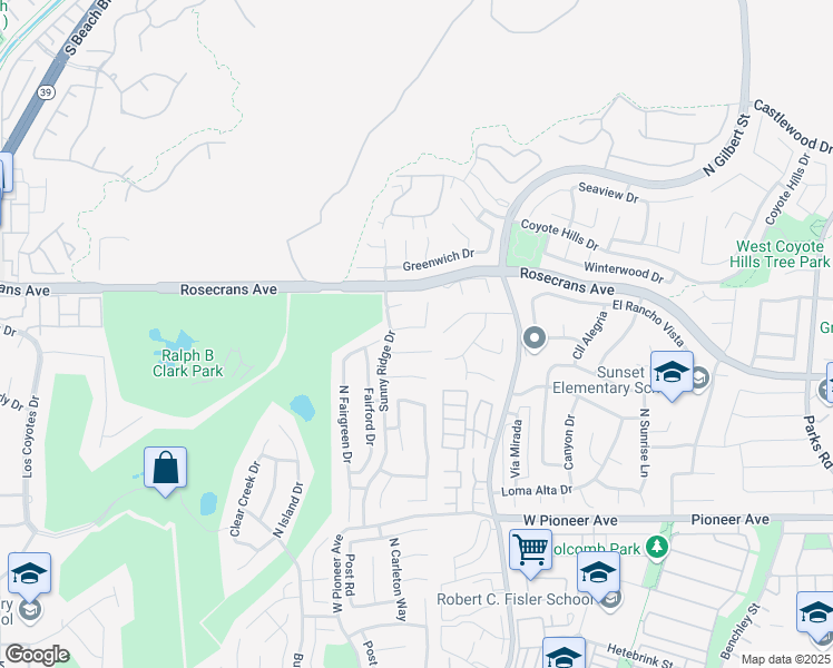 map of restaurants, bars, coffee shops, grocery stores, and more near 2556 Crown Way in Fullerton