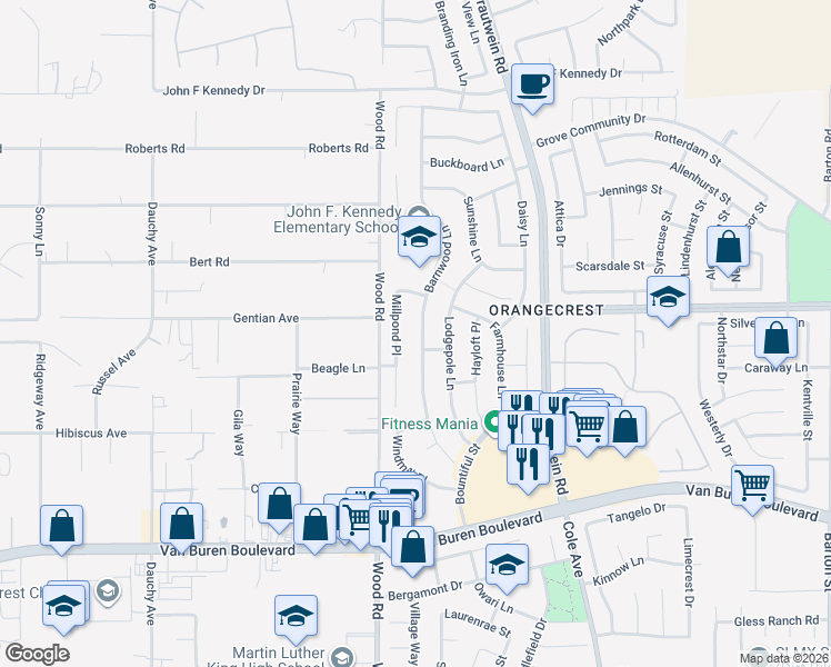 map of restaurants, bars, coffee shops, grocery stores, and more near 8571 Barnwood Lane in Riverside