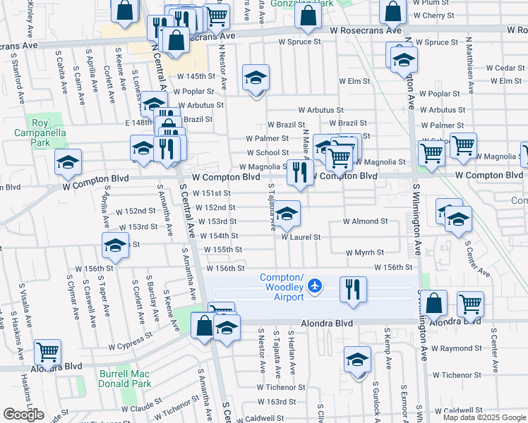 map of restaurants, bars, coffee shops, grocery stores, and more near 1424 West 152nd Street in Compton