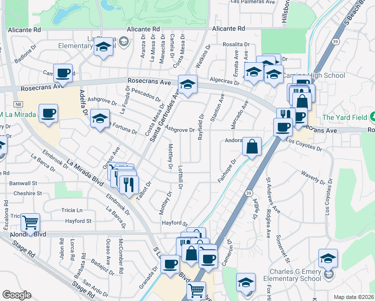 map of restaurants, bars, coffee shops, grocery stores, and more near 15011 Fairhope Drive in La Mirada
