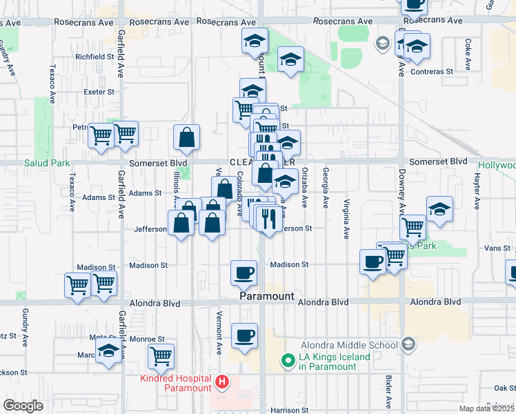 map of restaurants, bars, coffee shops, grocery stores, and more near 15323 Paramount Boulevard in Paramount