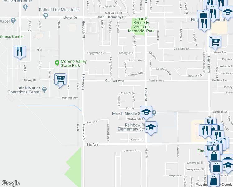 map of restaurants, bars, coffee shops, grocery stores, and more near 15571 Nadia Street in Moreno Valley