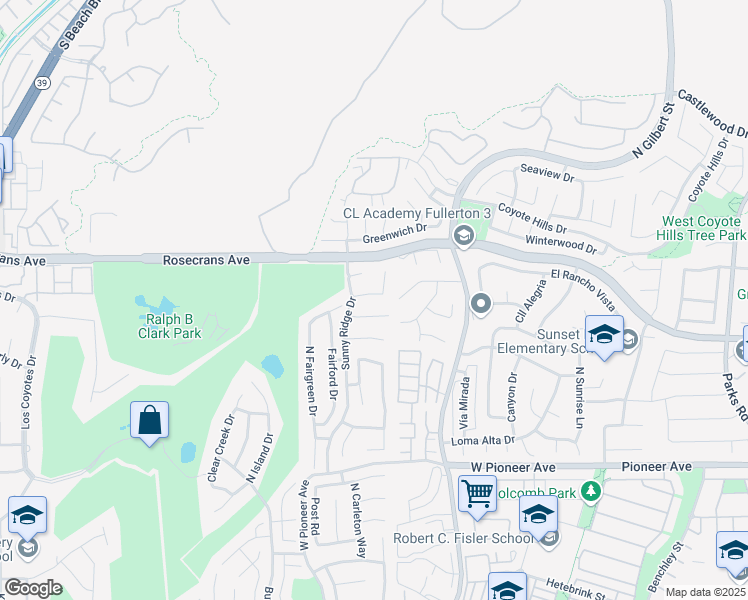 map of restaurants, bars, coffee shops, grocery stores, and more near 2556 Crown Way in Fullerton