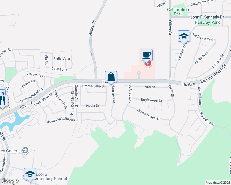 map of restaurants, bars, coffee shops, grocery stores, and more near 27054 Fina Court in Moreno Valley