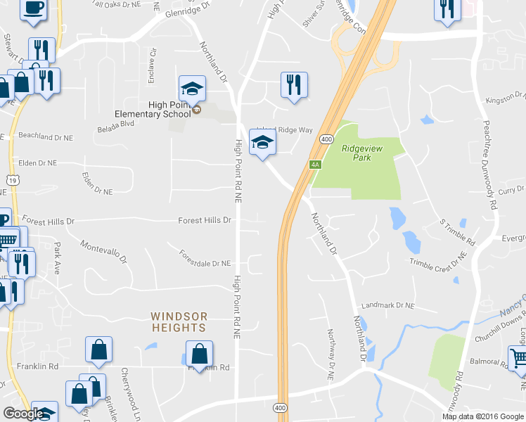 map of restaurants, bars, coffee shops, grocery stores, and more near 325 Nell Court Northeast in Atlanta