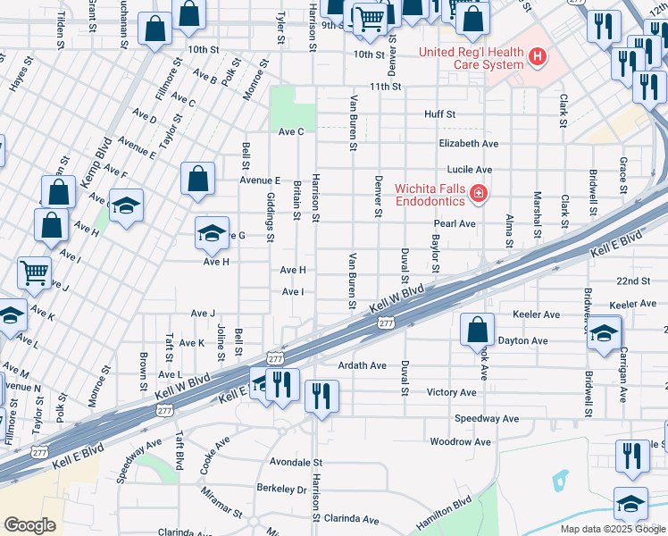 map of restaurants, bars, coffee shops, grocery stores, and more near 2008 Wilson Avenue in Wichita Falls