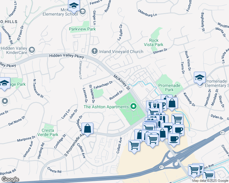 map of restaurants, bars, coffee shops, grocery stores, and more near 712 Mount Thompson Circle in Corona