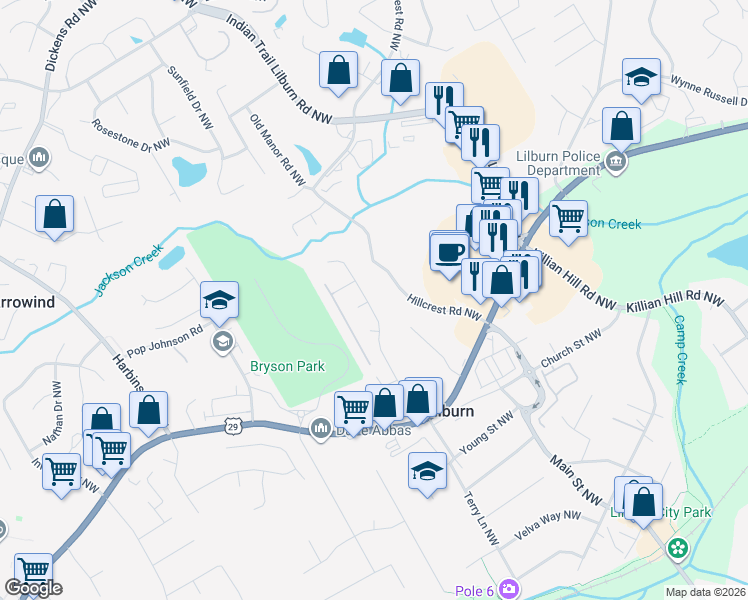 map of restaurants, bars, coffee shops, grocery stores, and more near 423 Hillcrest Road Northwest in Lilburn